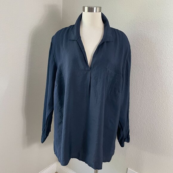 J Jill Womens Plus 4X Navy Roll Tab Sleeve Tunic Top Pullover Modal V Neck - Picture 1 of 11